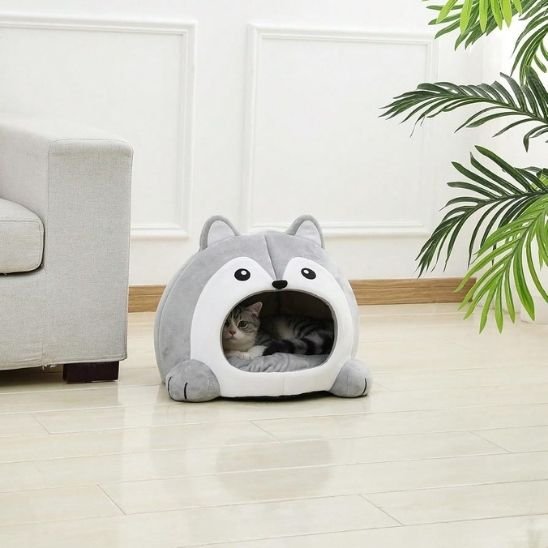 Panier pour chat style maison gris