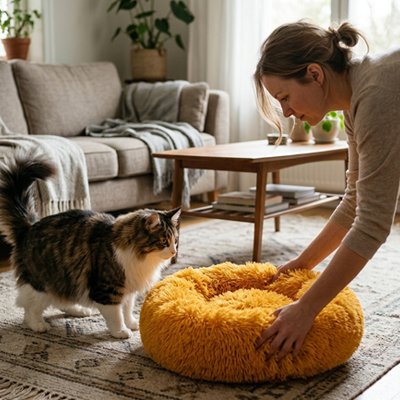 Coussin Chat orange forme circulaire en donut