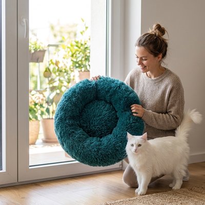 Coussin Chat vert léger et transportable