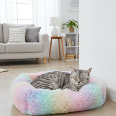 Coussin pour Chat Arc-en-ciel matière pelucheuse longue