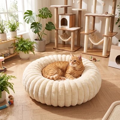 Coussin pour Chat beige en peluche côtelée