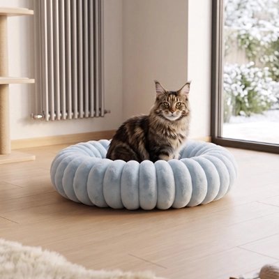 Coussin pour Chat bleu design cannelé circulaire