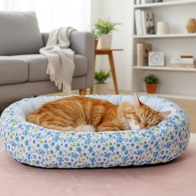 Coussin pour chat bleu fleurit ovale ergonomique