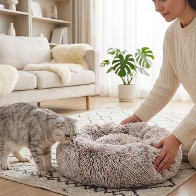 Coussin pour Chat kaki matière ultra-douce à poils longs