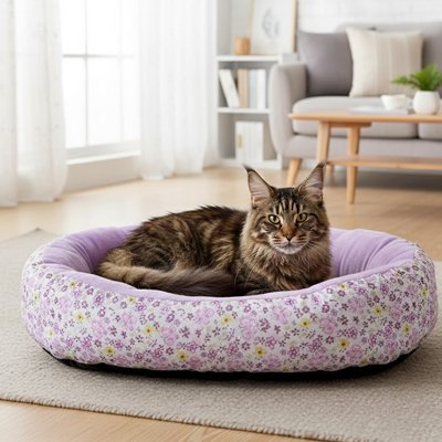 Coussin pour chat mauve fleurit ovale ergonomique