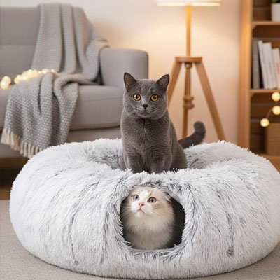 Niche pour chat avec tunnel central intégré