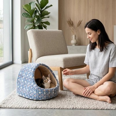 Niche pour Chat bleu en tissu à motifs décoratifs