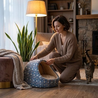 Niche pour Chat bleu intérieur molletonné et rembourré