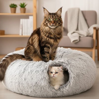 Niche pour chat en fausse fourrure longue et dense
