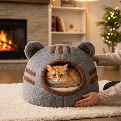 Niche pour Chat gris ouverture circulaire frontale