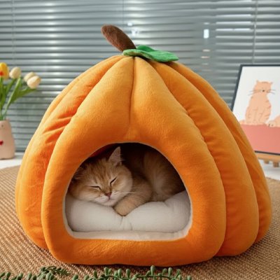 Niche pour chat orange en forme décorative en citrouille