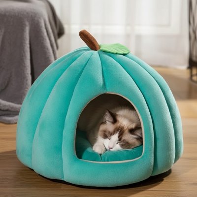 Niche pour chat turquoise forme citrouille