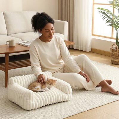 Panier Chat blanc spacieux design nervuré moelleux épais