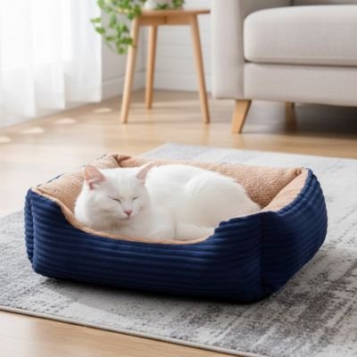 Panier chat bleu beige tissu côtelé doux rectangulaire avec angles arrondis