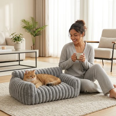 Panier Chat gris spacieux design nervuré moelleux épais