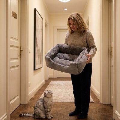 Panier chat gris Tissu doux effet velours