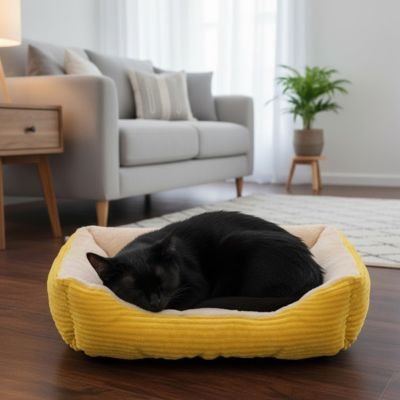 Panier chat jaune beige tissu côtelé doux rectangulaire avec angles arrondis