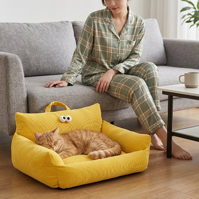 Panier Chat jaune Yeux décoratifs brodés Poignée de transport