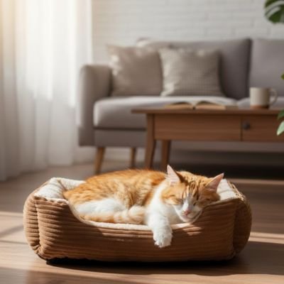 Panier chat marron beige tissu côtelé doux rectangulaire avec angles arrondis