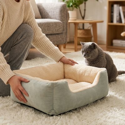 Panier chat vert sauge et beige confortable