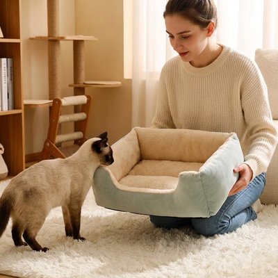 Panier chat vert sauge et beige lavage facile